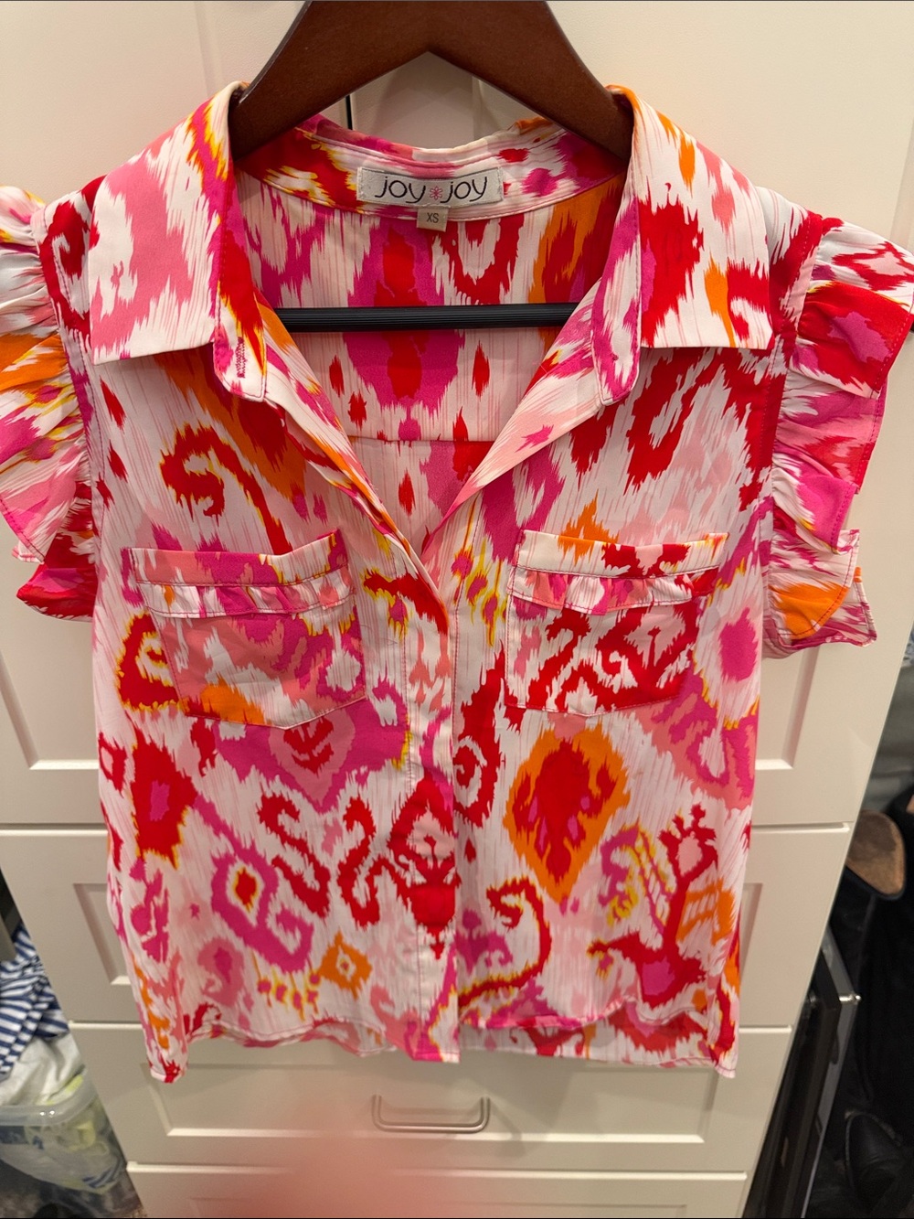 Joy Joy Pink Red Orange Printed Cap-Sleeve Blouse